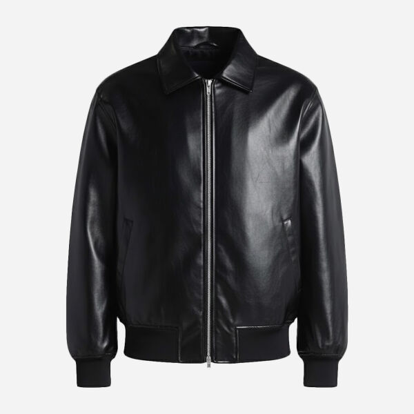 Unisex PU Leather Collared Varsity Jacket Thumbnail